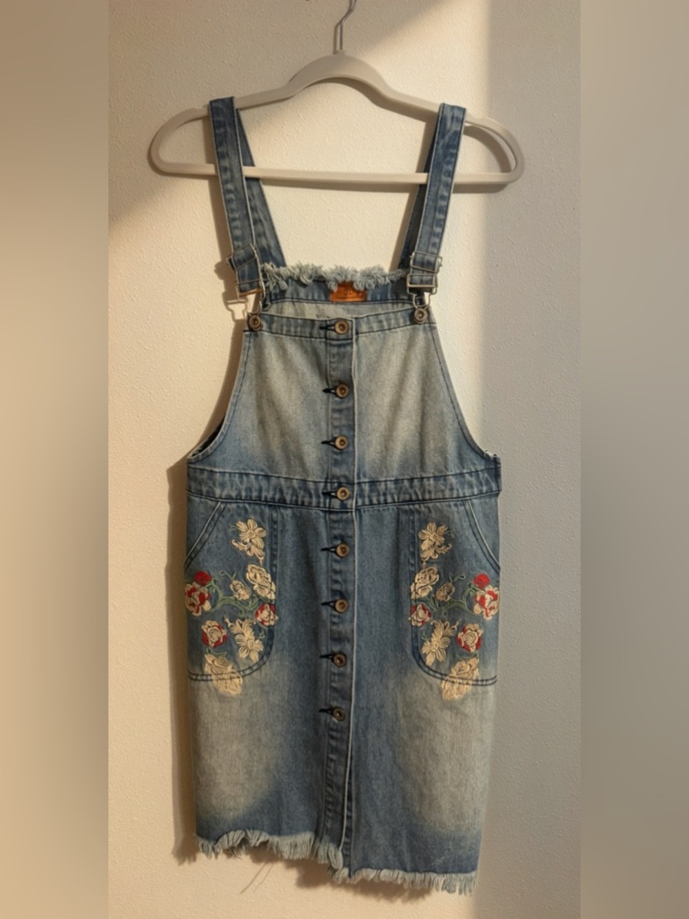 POL Light Blue Frayed Denim Overall Dress with Embroidered Detail